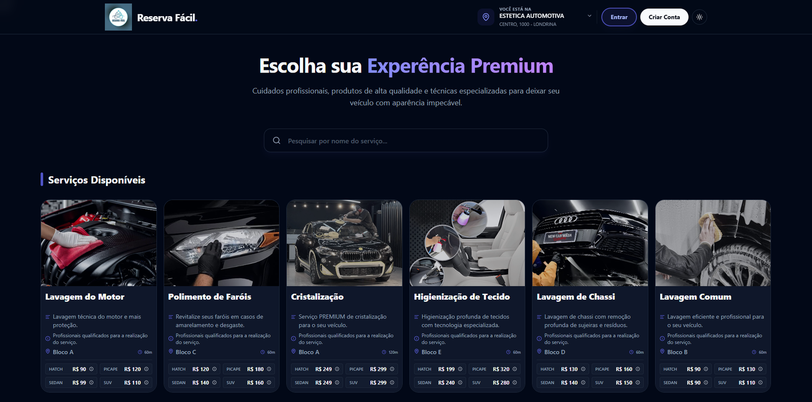 Dashboard de estética automotiva - Reserva Fácil